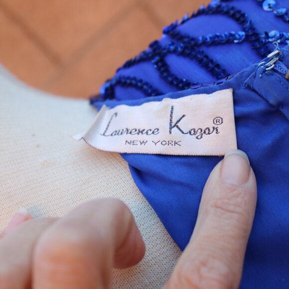 Laurence Kazar Silk Dress Womens SP Royal Blue Sequined Beaded Cocktail 90s - Picture 12 of 15